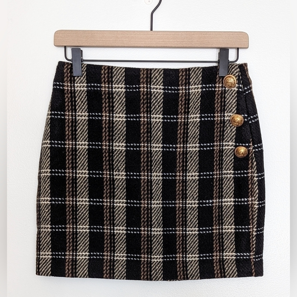 Juliana's Plaid Black Tan Camel Preppy Mini Skirt Gold Button Size Small